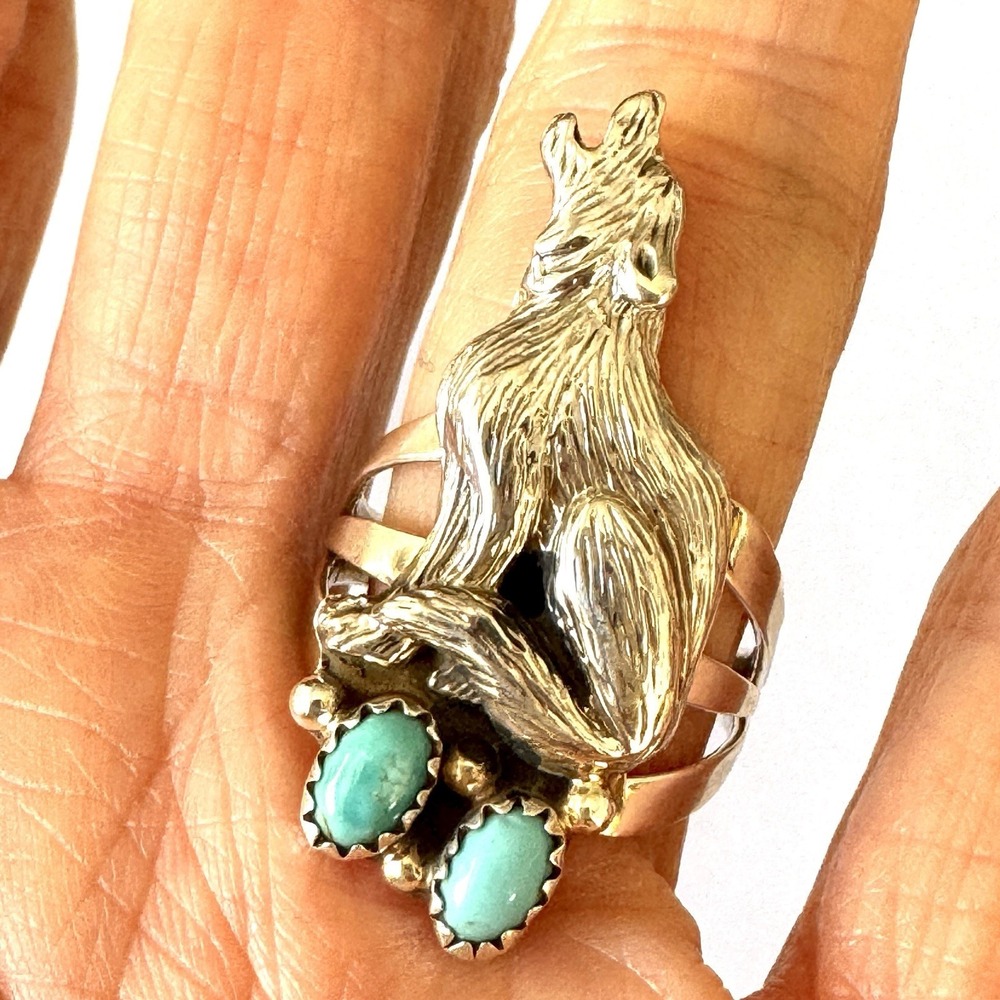 Navajo Wolf Turquoise Ring Sz 9 William Begay Sterling Howling Moon Native Amer‎